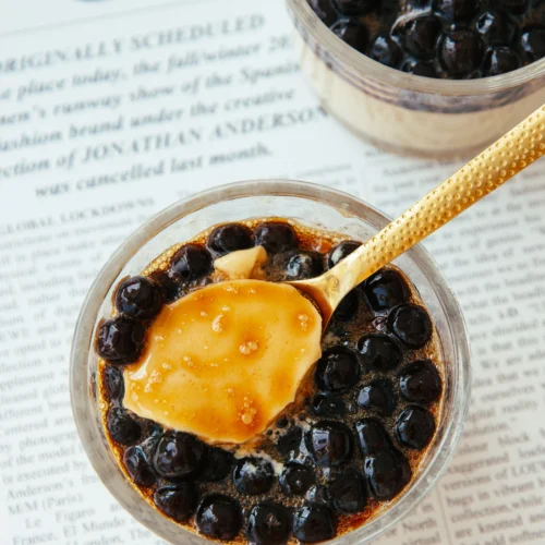 steamed milk pudding with boba pearls